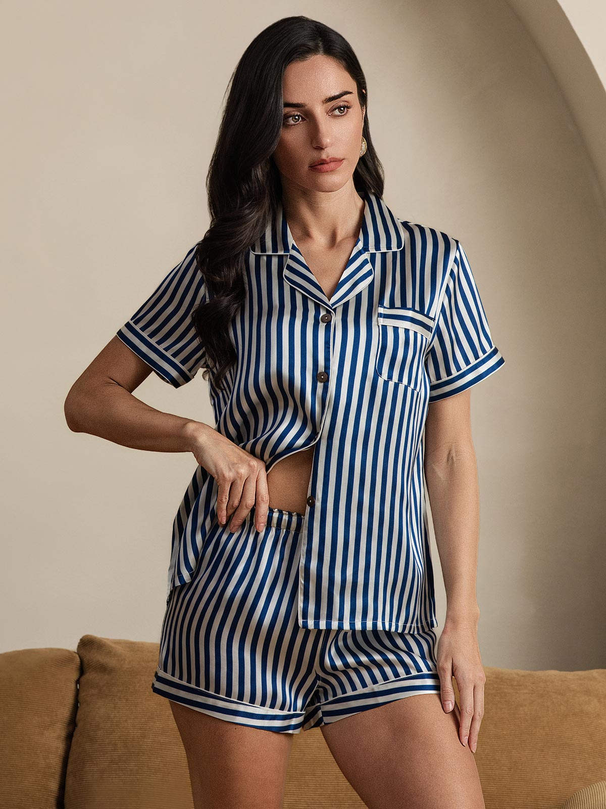 [Dark Blue] SilkSilky-AU Pure Silk Short Sleeve Lapel Women's Pyjamas 001