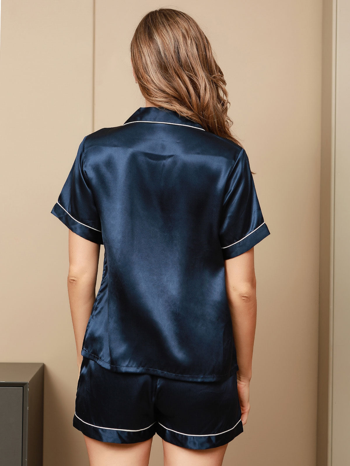 [Dark Blue] SilkSilky-AU Pure Silk Short Sleeve Lapel Women's Pyjamas 002