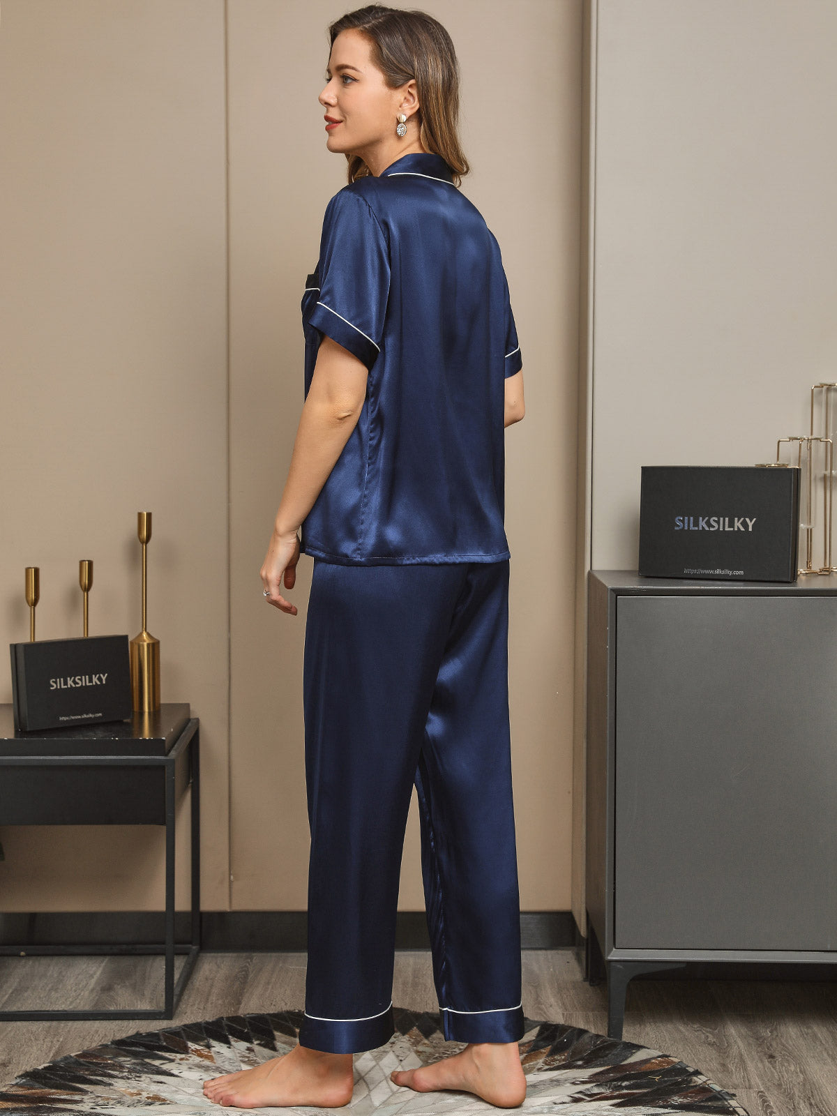 [Dark Blue] SilkSilky-AU Pure Silk Short Sleeve Lapel Women's Pyjamas 002