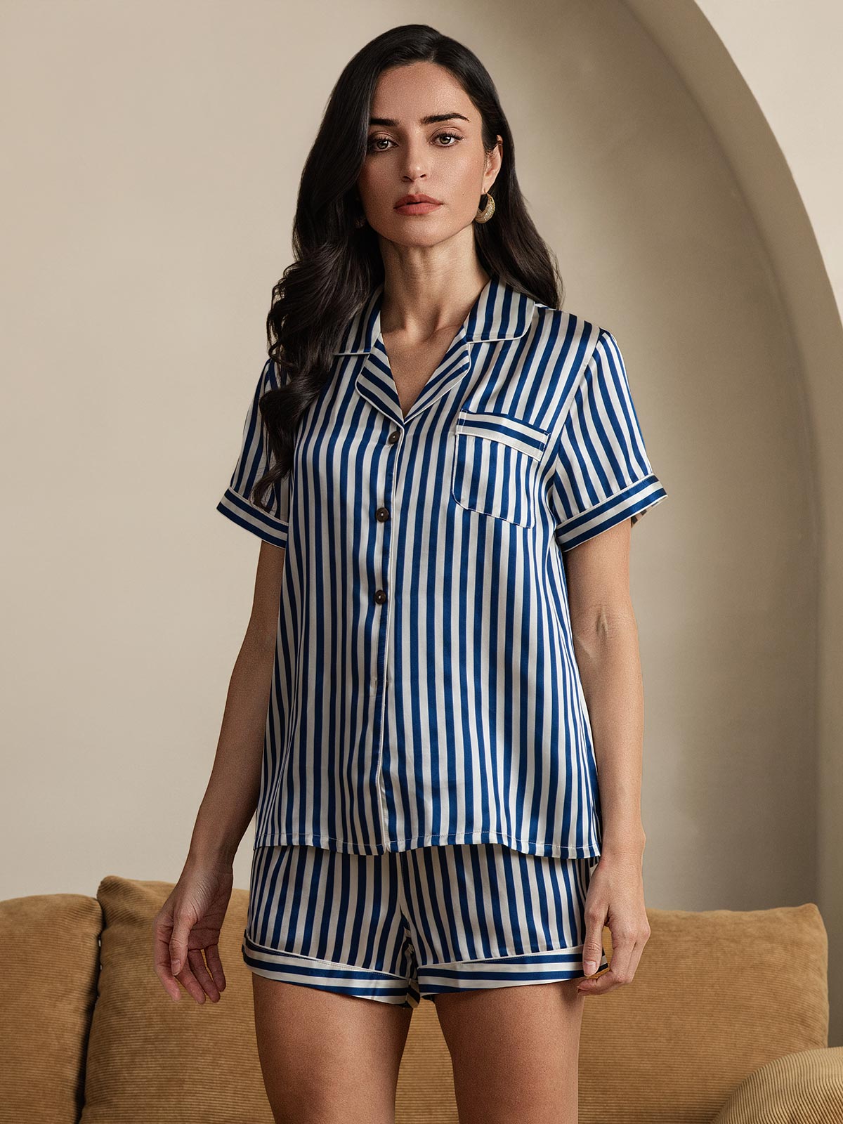 [Dark Blue] SilkSilky-AU Pure Silk Short Sleeve Lapel Women's Pyjamas 003
