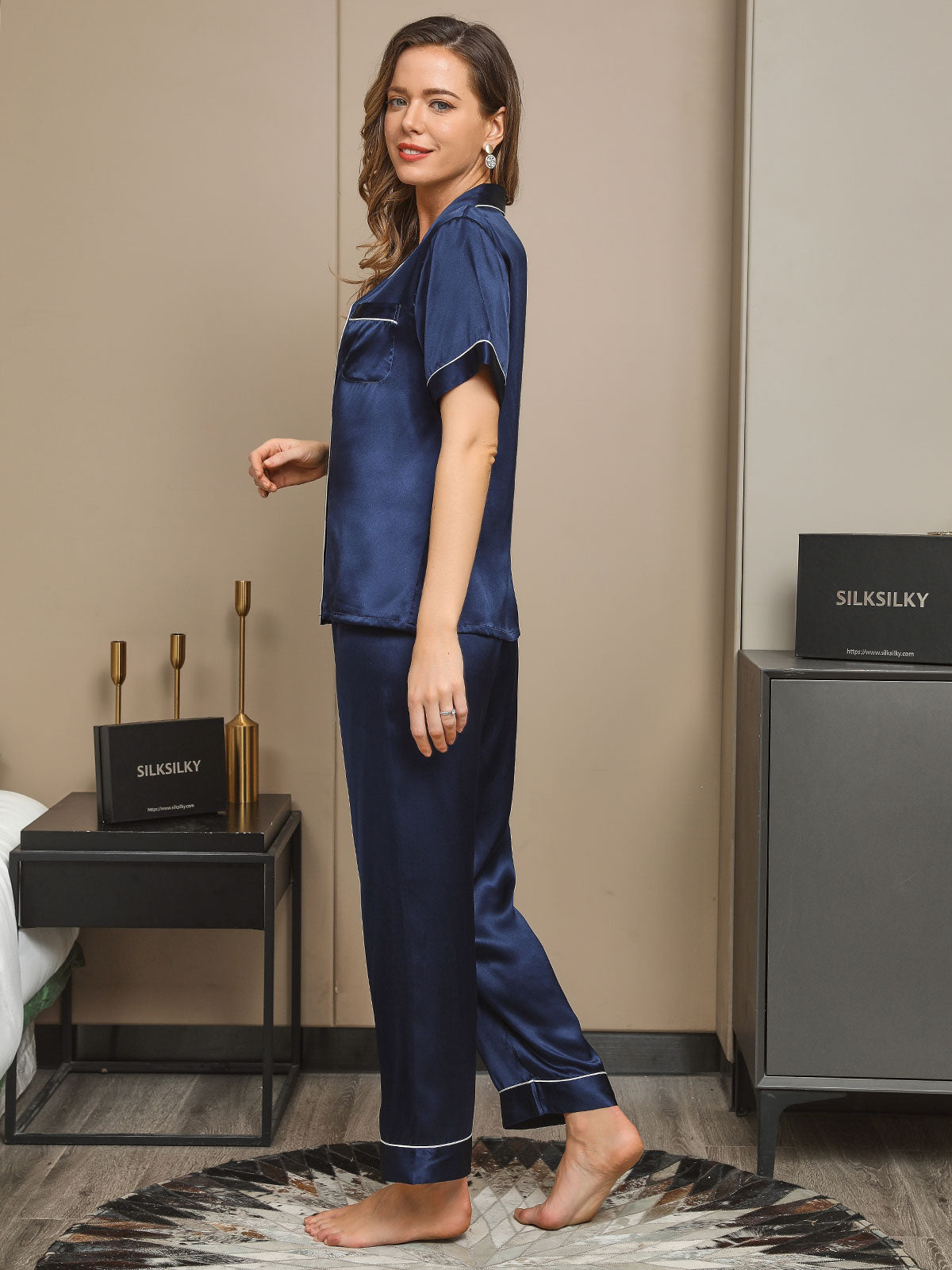 [Dark Blue] SilkSilky-AU Pure Silk Short Sleeve Lapel Women's Pyjamas 004
