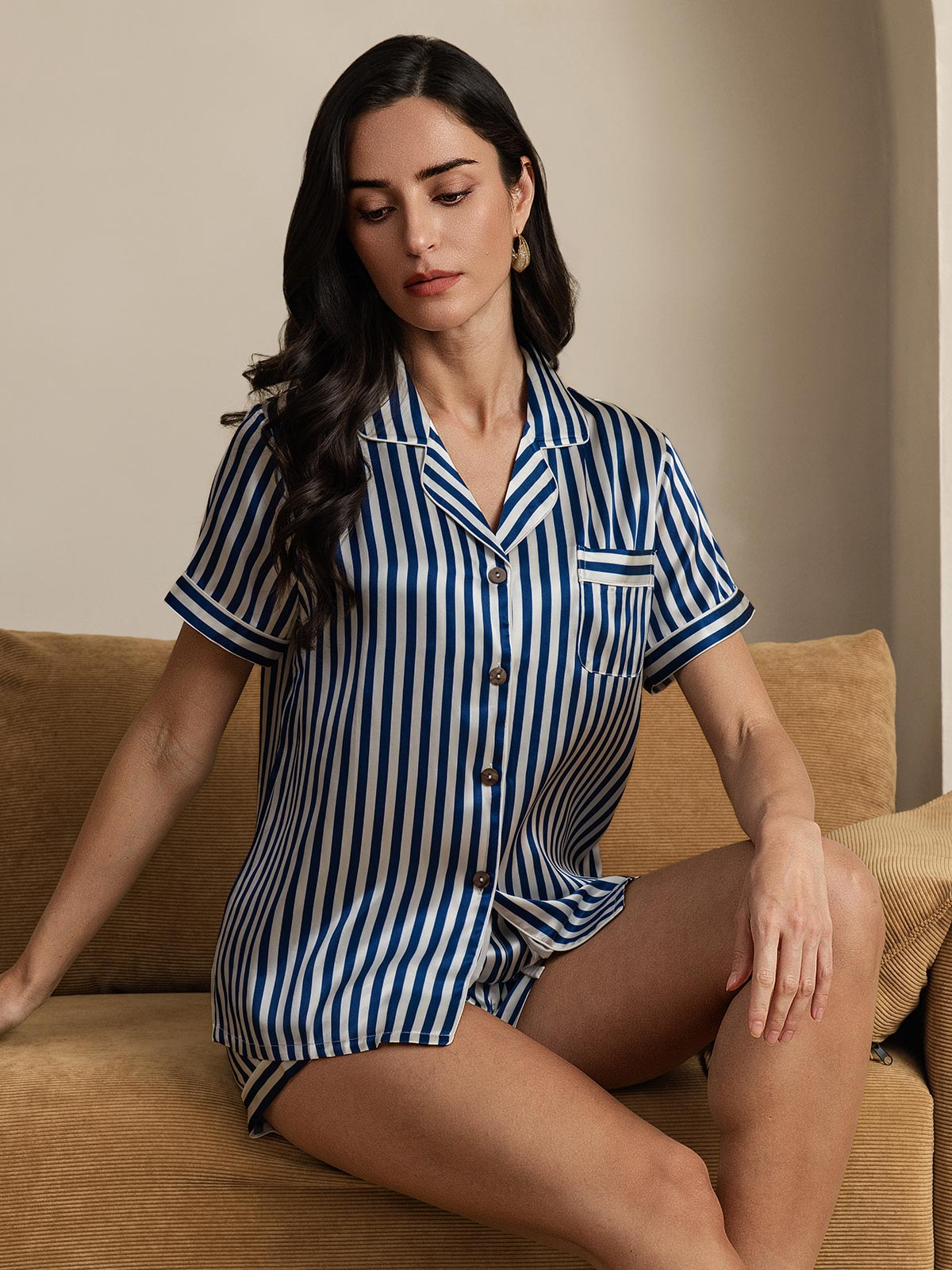[Dark Blue] SilkSilky-AU Pure Silk Short Sleeve Lapel Women's Pyjamas 004