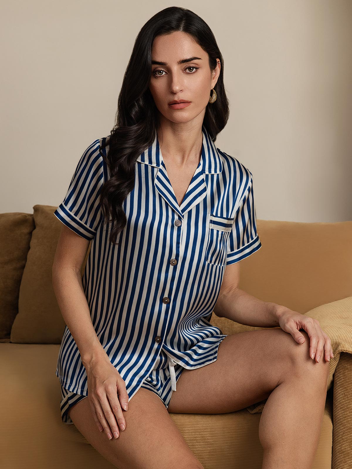 [Dark Blue] SilkSilky-AU Pure Silk Short Sleeve Lapel Women's Pyjamas 005