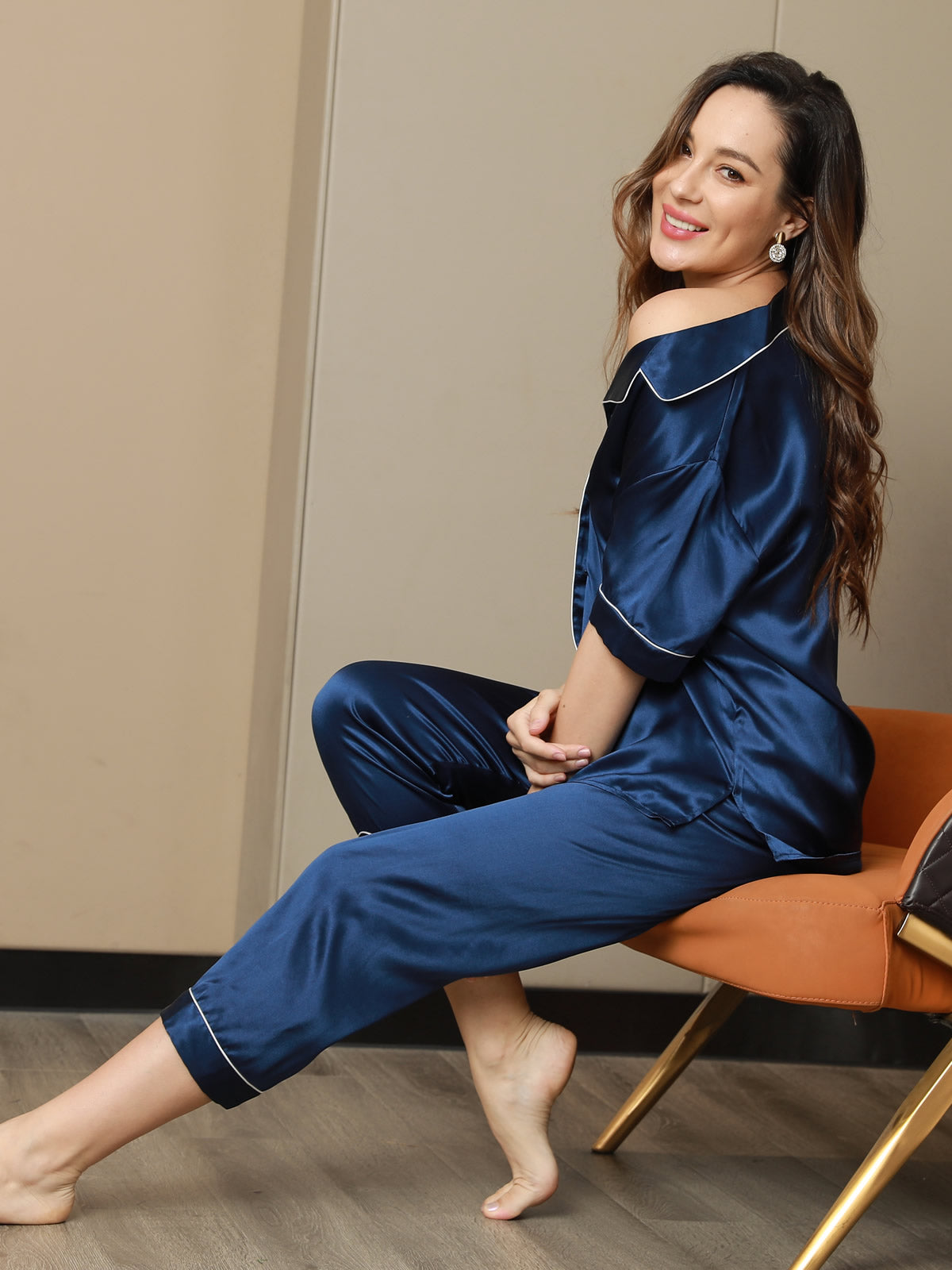[Dark Blue] SilkSilky-AU Pure Silk Short Sleeve Lapel Women's Pyjamas 006