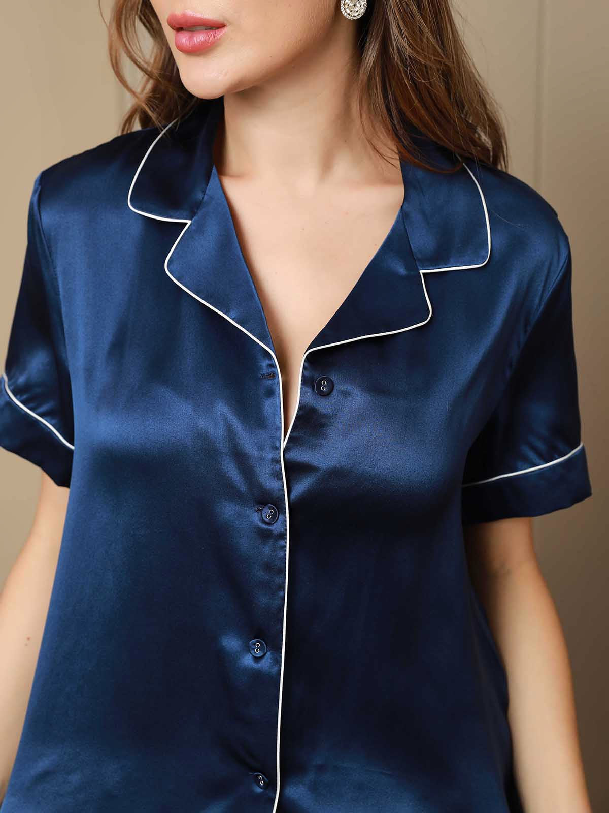 [Dark Blue] SilkSilky-AU Pure Silk Short Sleeve Lapel Women's Pyjamas 007