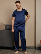 [Dark Blue] SilkSilky-AU Pure Silk Short Sleeve Round Neck Men's Pyjamas 001