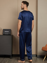 [Dark Blue] SilkSilky-AU Pure Silk Short Sleeve Round Neck Men's Pyjamas 002