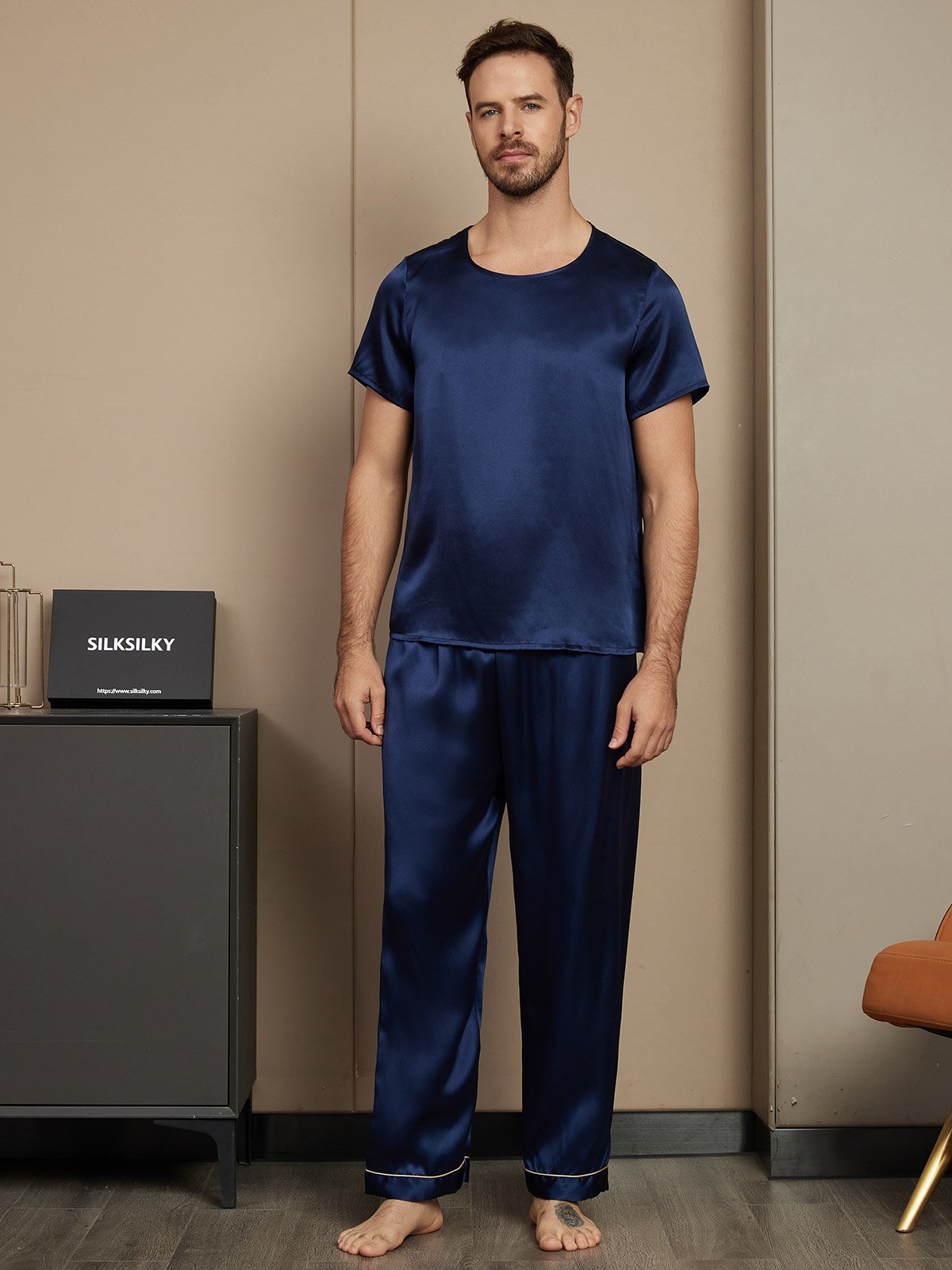 [Dark Blue] SilkSilky-AU Pure Silk Short Sleeve Round Neck Men's Pyjamas 003