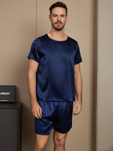 [Dark Blue] SilkSilky-AU Pure Silk Short Sleeve Round Neck Men's Pyjamas 003