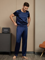 [Dark Blue] SilkSilky-AU Pure Silk Short Sleeve Round Neck Men's Pyjamas 004