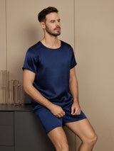 [Dark Blue] SilkSilky-AU Pure Silk Short Sleeve Round Neck Men's Pyjamas 004
