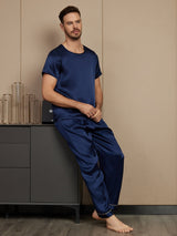 [Dark Blue] SilkSilky-AU Pure Silk Short Sleeve Round Neck Men's Pyjamas 005
