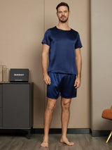 [Dark Blue] SilkSilky-AU Pure Silk Short Sleeve Round Neck Men's Pyjamas 005