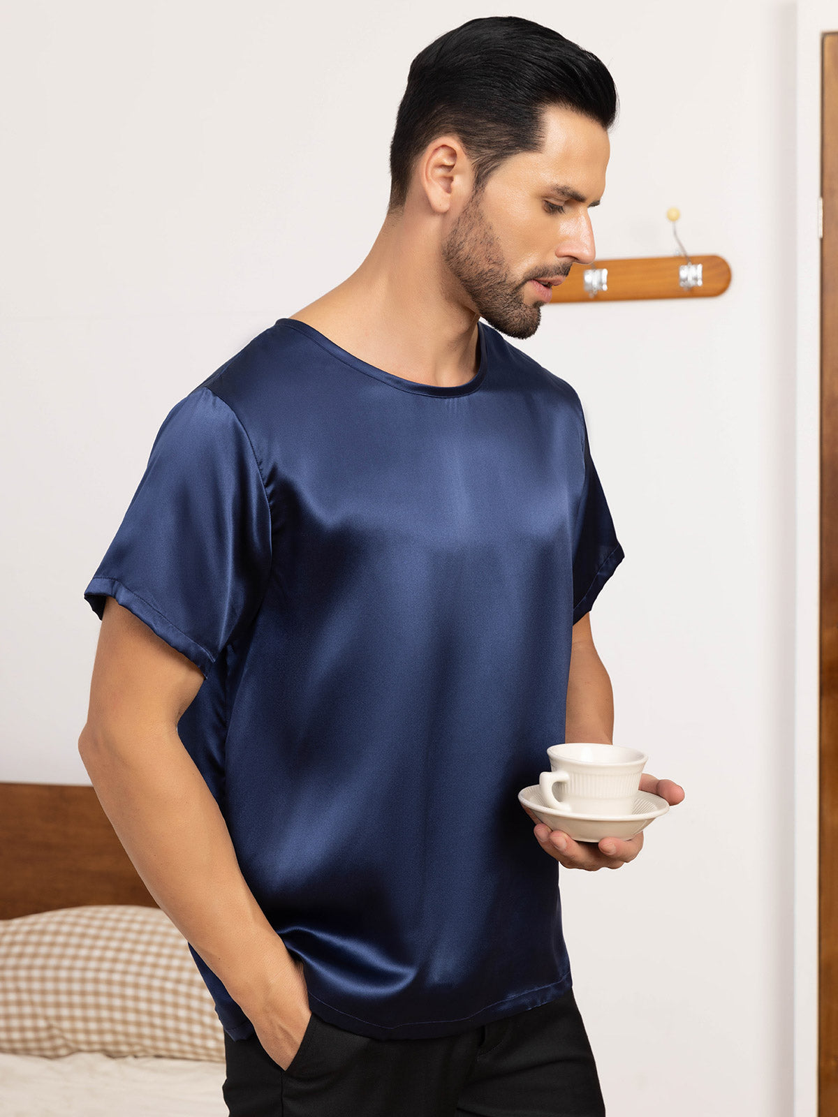 [Dark Blue] SilkSilky-AU Pure Silk Short Sleeve Round Neck Men's T-Shirt 007