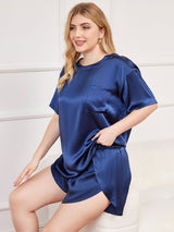 [Dark Blue] SilkSilky-AU Pure Silk Short Sleeve Round Neck Plus Size Pyjamas 004