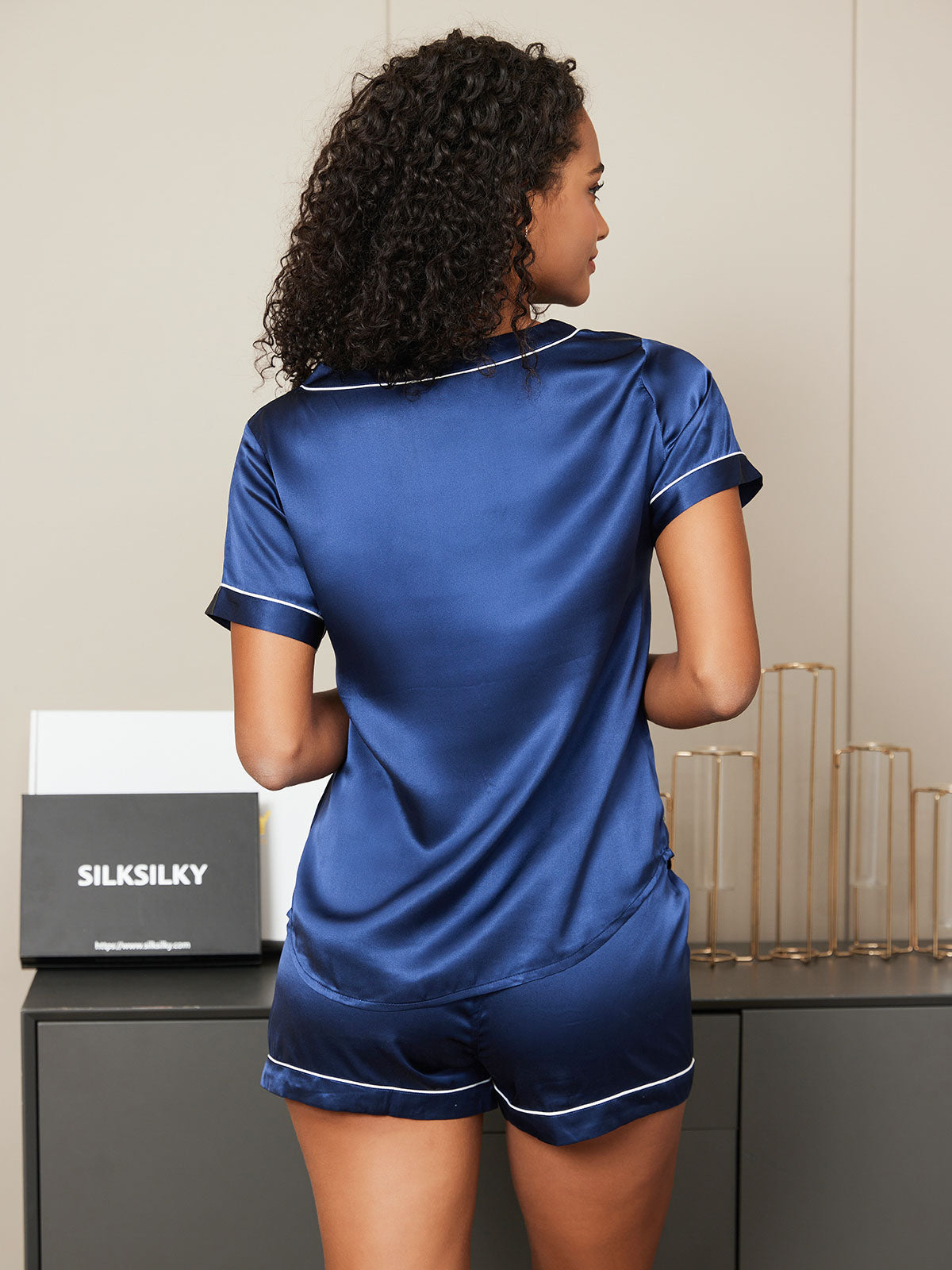 [Dark Blue] SilkSilky-AU Pure Silk Short Sleeve V Neck Women's Pyjamas 002