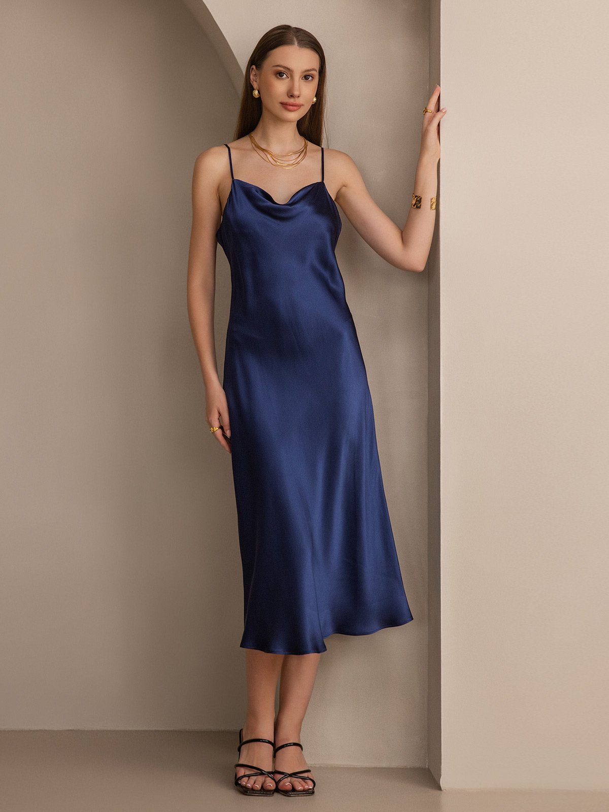 [Dark Blue] SilkSilky-AU Pure Silk Sleeveless Cowl Neck Dress 001