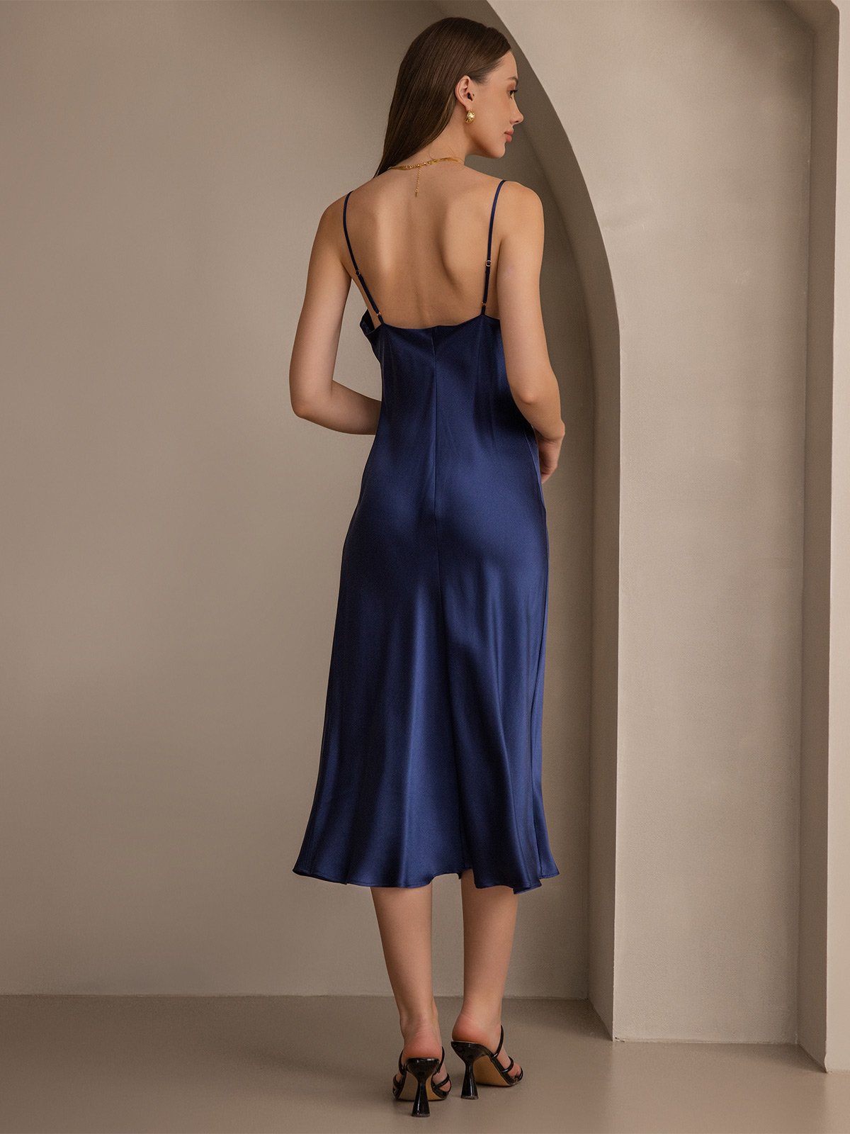[Dark Blue] SilkSilky-AU Pure Silk Sleeveless Cowl Neck Dress 002