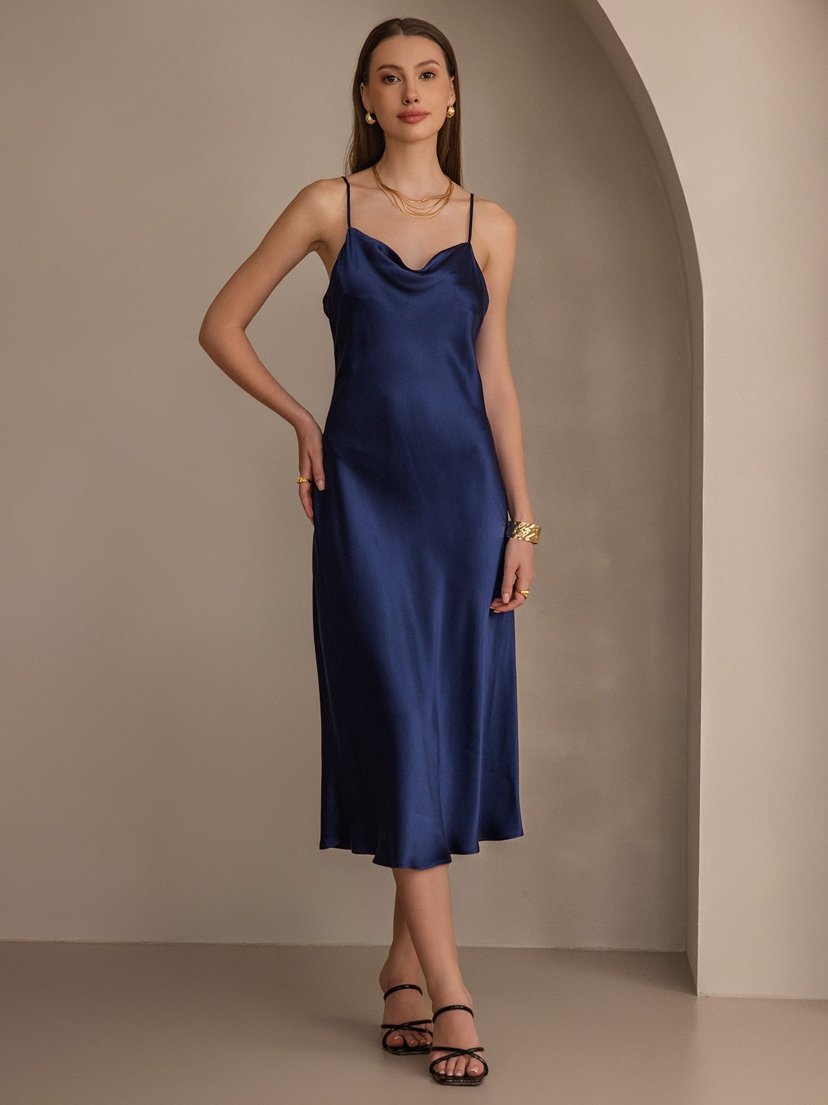 [Dark Blue] SilkSilky-AU Pure Silk Sleeveless Cowl Neck Dress 003