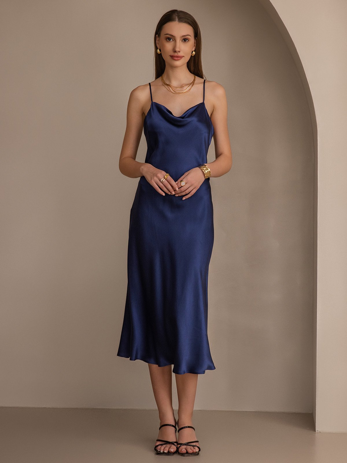[Dark Blue] SilkSilky-AU Pure Silk Sleeveless Cowl Neck Dress 004