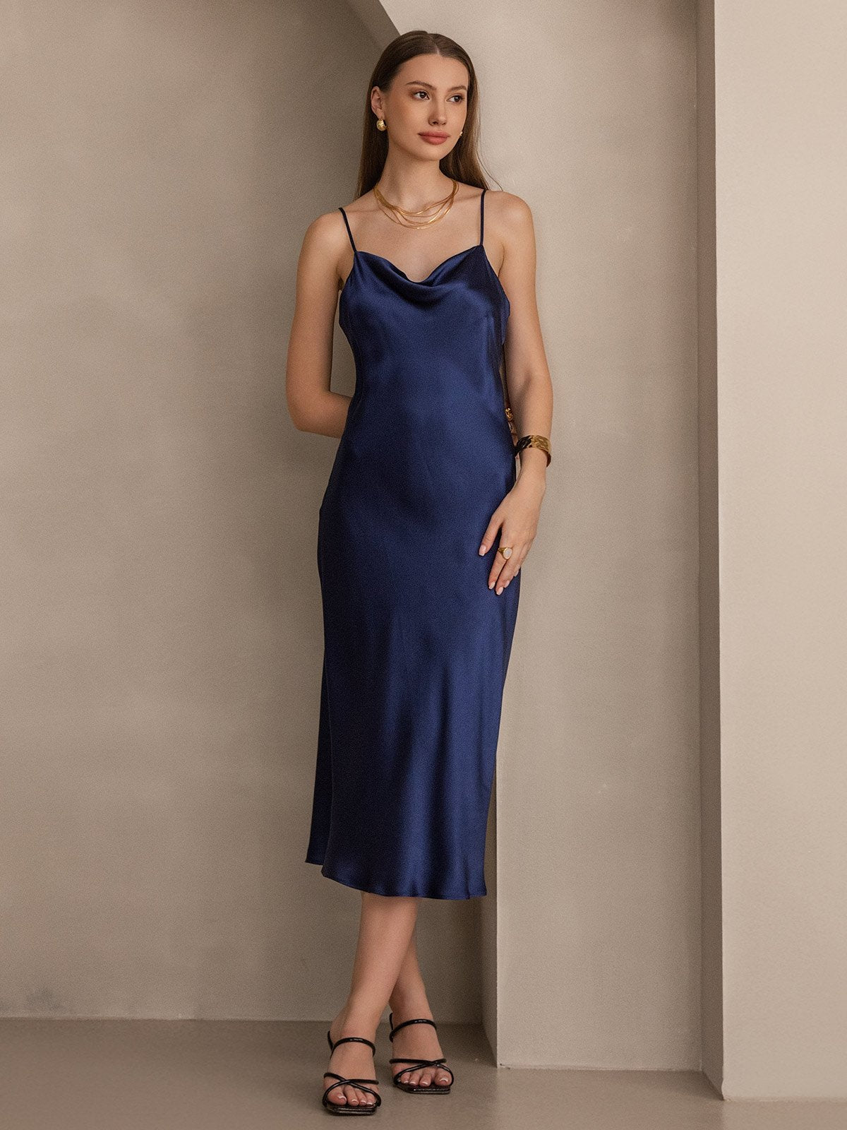 [Dark Blue] SilkSilky-AU Pure Silk Sleeveless Cowl Neck Dress 006