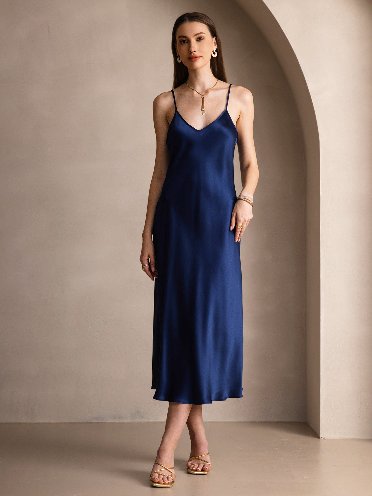 [Dark Blue] SilkSilky-AU Pure Silk Sleeveless Round Neck Dress 003