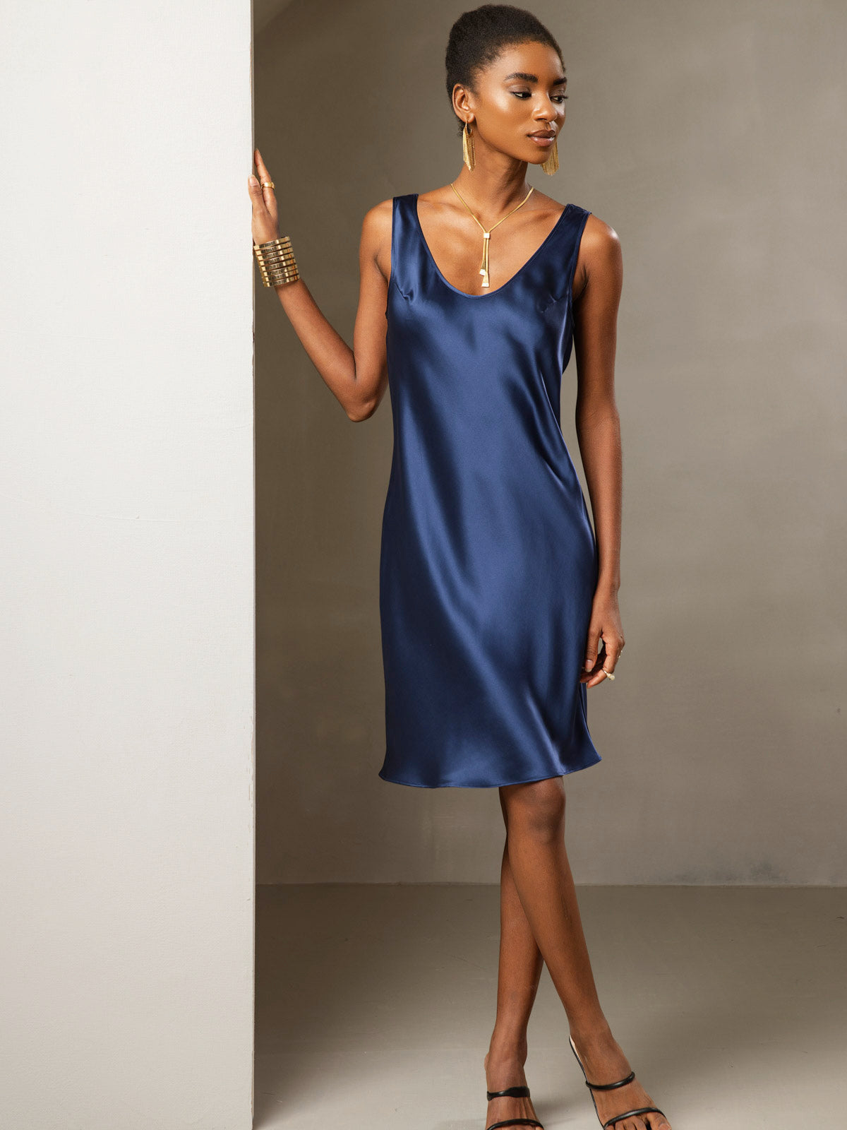 [Dark Blue] SilkSilky-AU Pure Silk Sleeveless Round Neck Dress 006