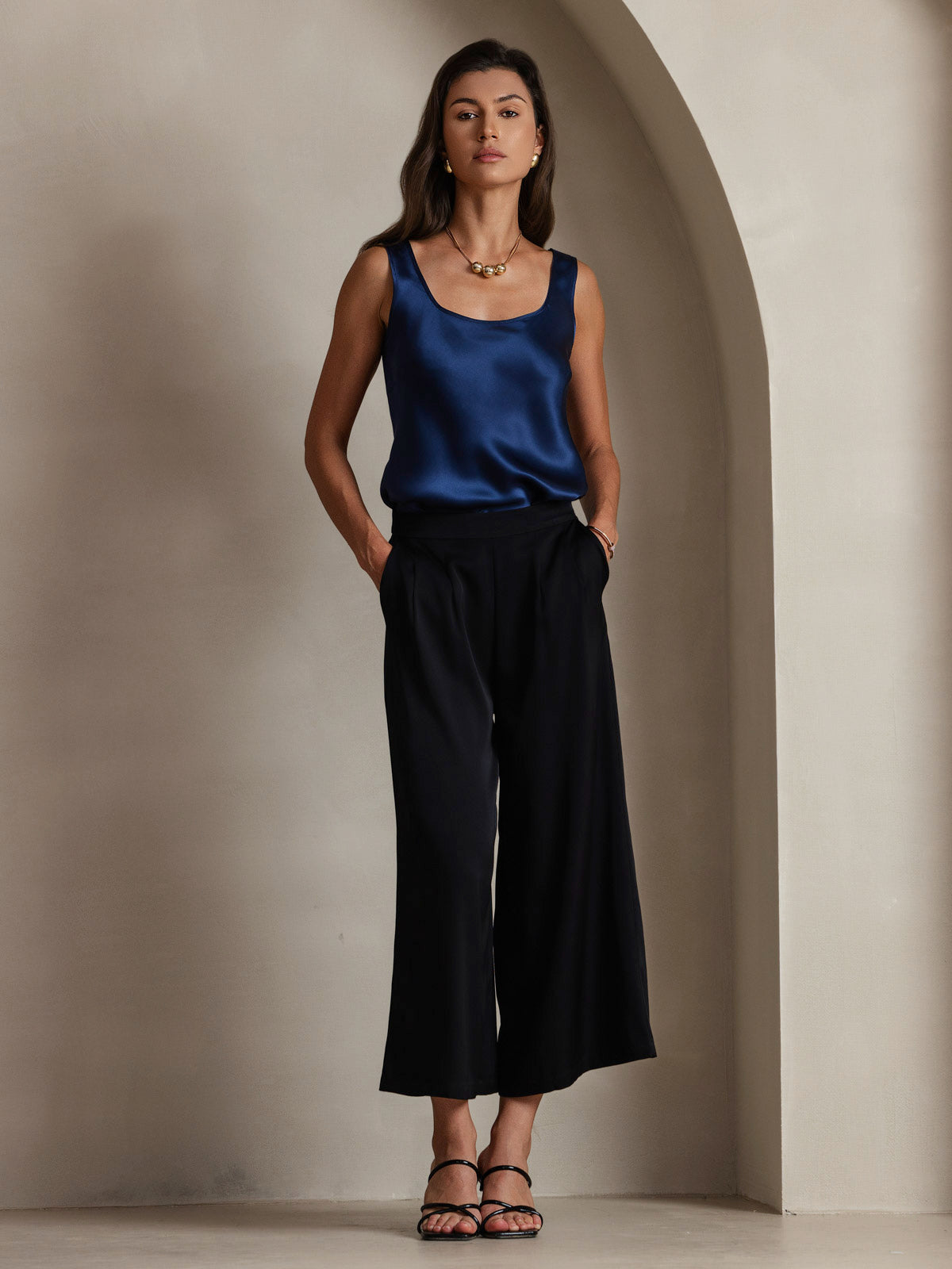 [Dark Blue] SilkSilky-AU Pure Silk Sleeveless U Neck Camisole 006