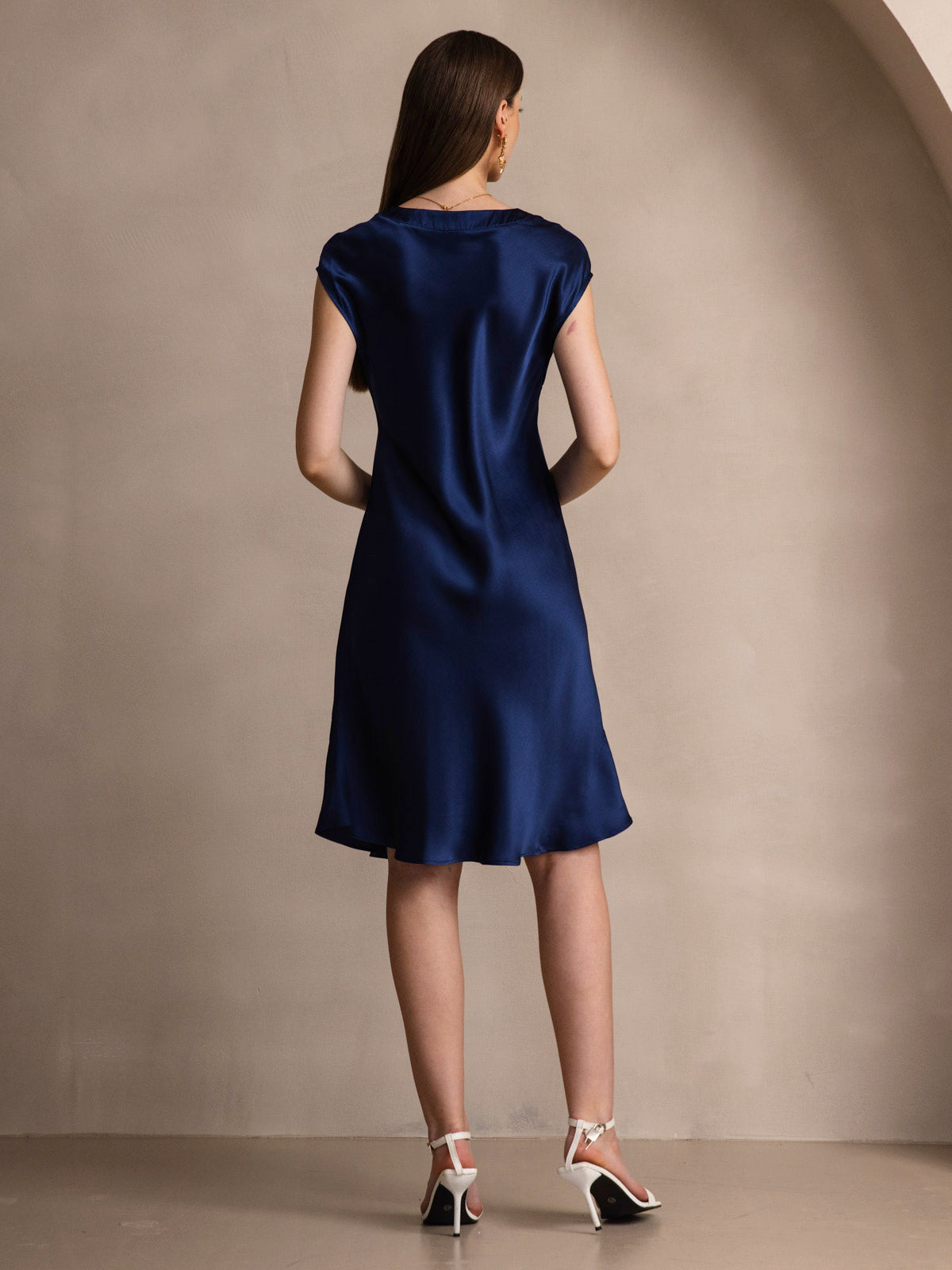 [Dark Blue] SilkSilky-AU Pure Silk Sleeveless V Neck Dress 002