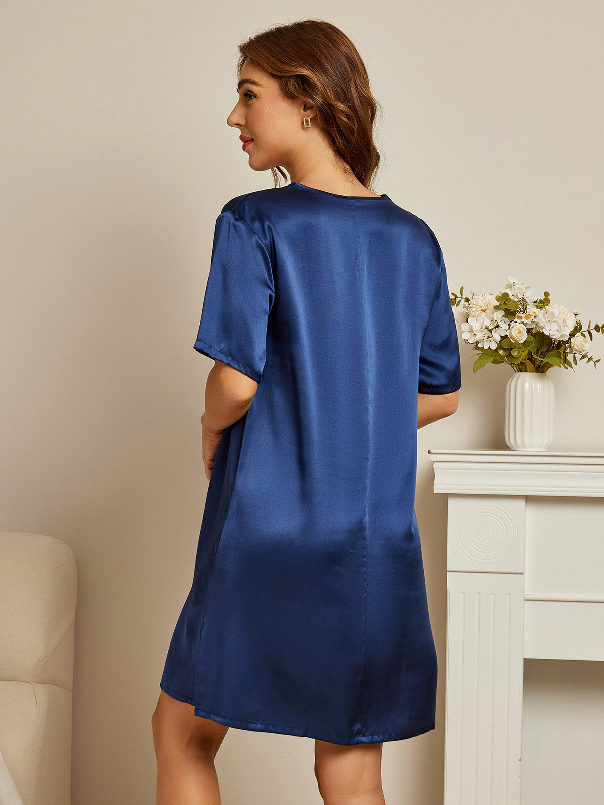 [Dark Blue] SilkSilky-AU Pure Silk V Neck Nightgown 002