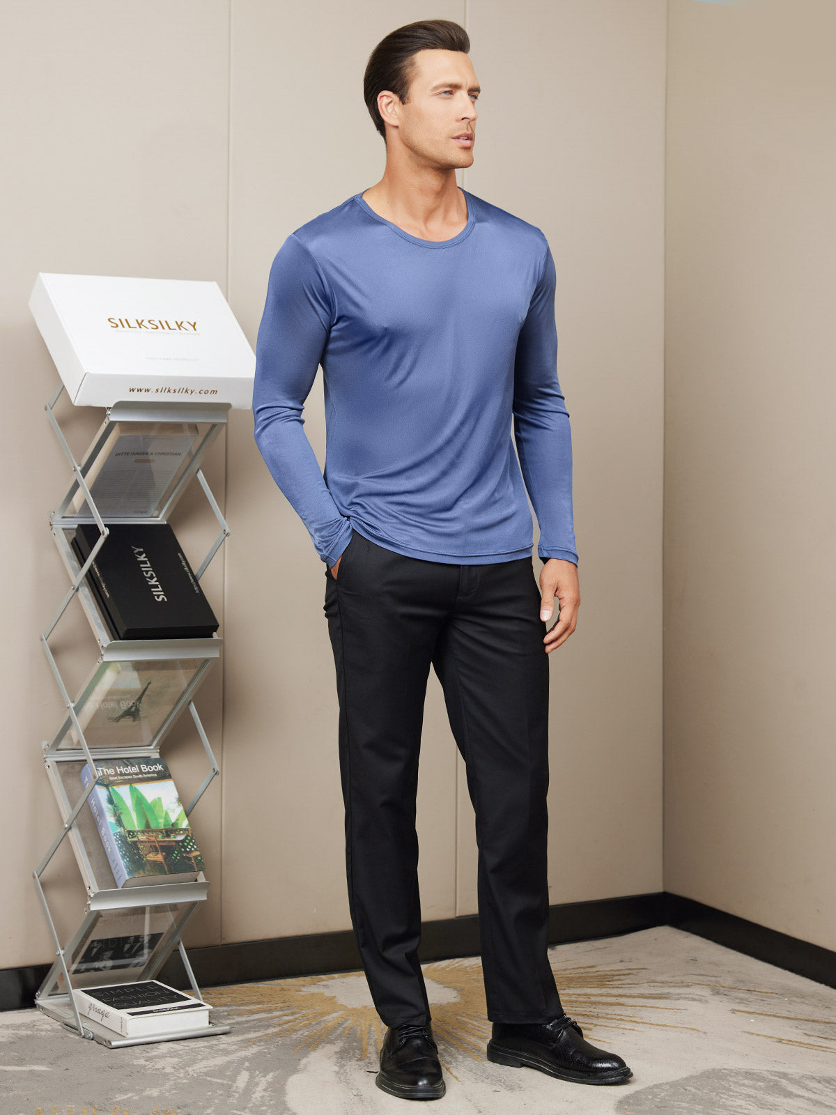 [Dark Blue] SilkSilky-AU Silk Knitted Long Sleeve Round Neck Men's T-Shirt 004