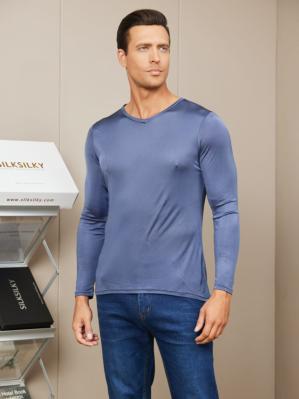 [Dark Blue] SilkSilky-AU Silk Knitted Long Sleeve V Neck Men's T-Shirt 001