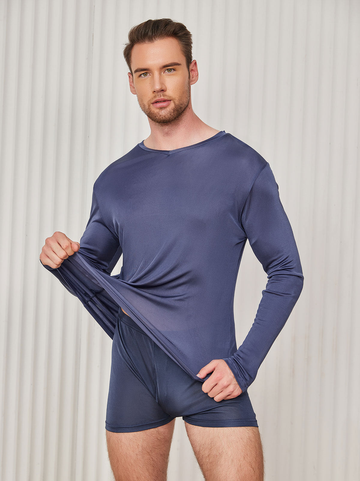 [Dark Blue] SilkSilky-AU Silk Knitted Long Sleeve V Neck Men's T-Shirt 003
