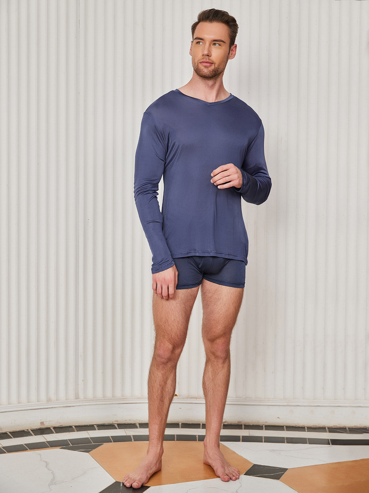 [Dark Blue] SilkSilky-AU Silk Knitted Long Sleeve V Neck Men's T-Shirt 005