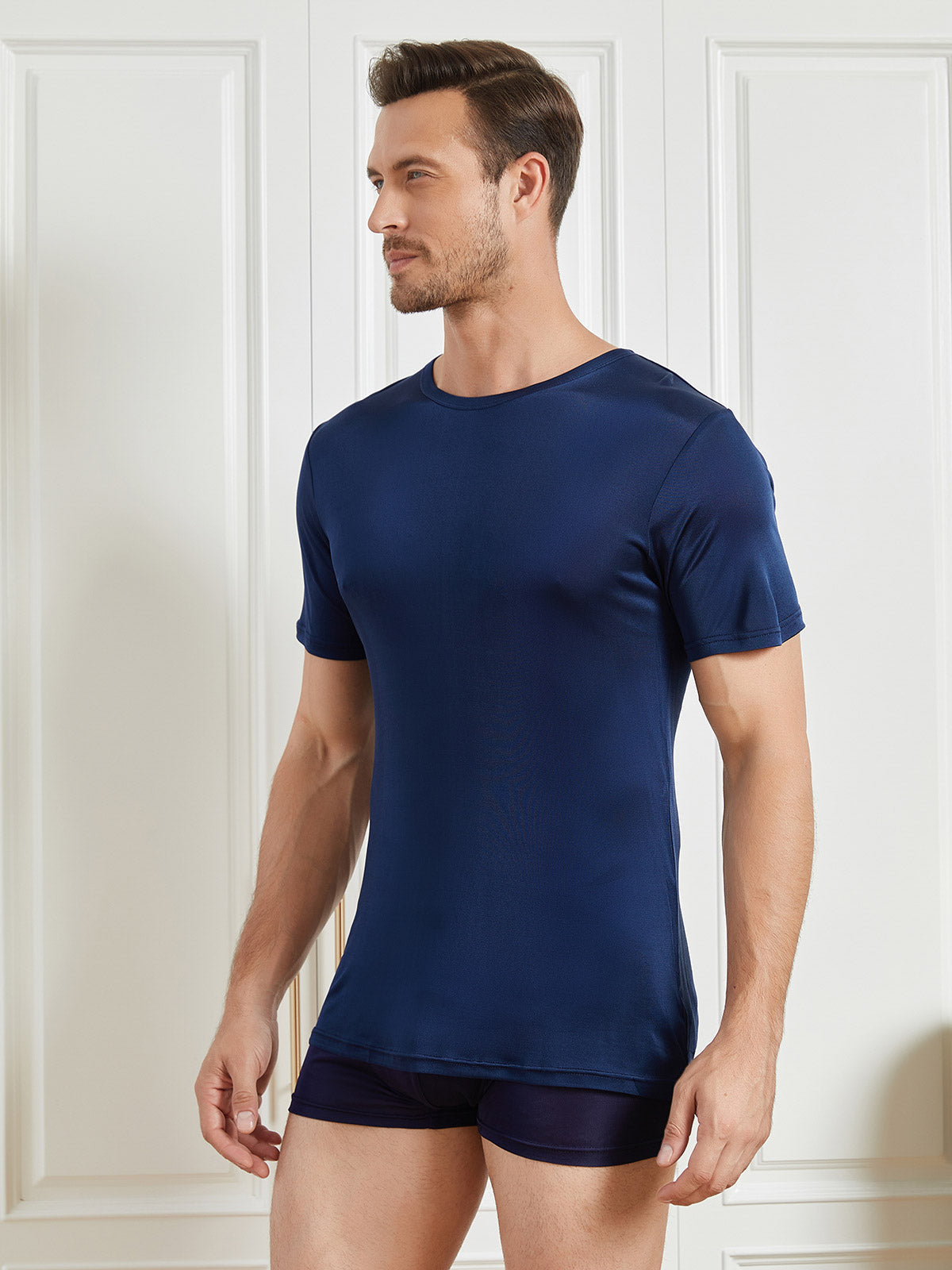 [Dark Blue] SilkSilky-AU Silk Knitted Short Sleeve Round Neck Men's T-Shirt 003
