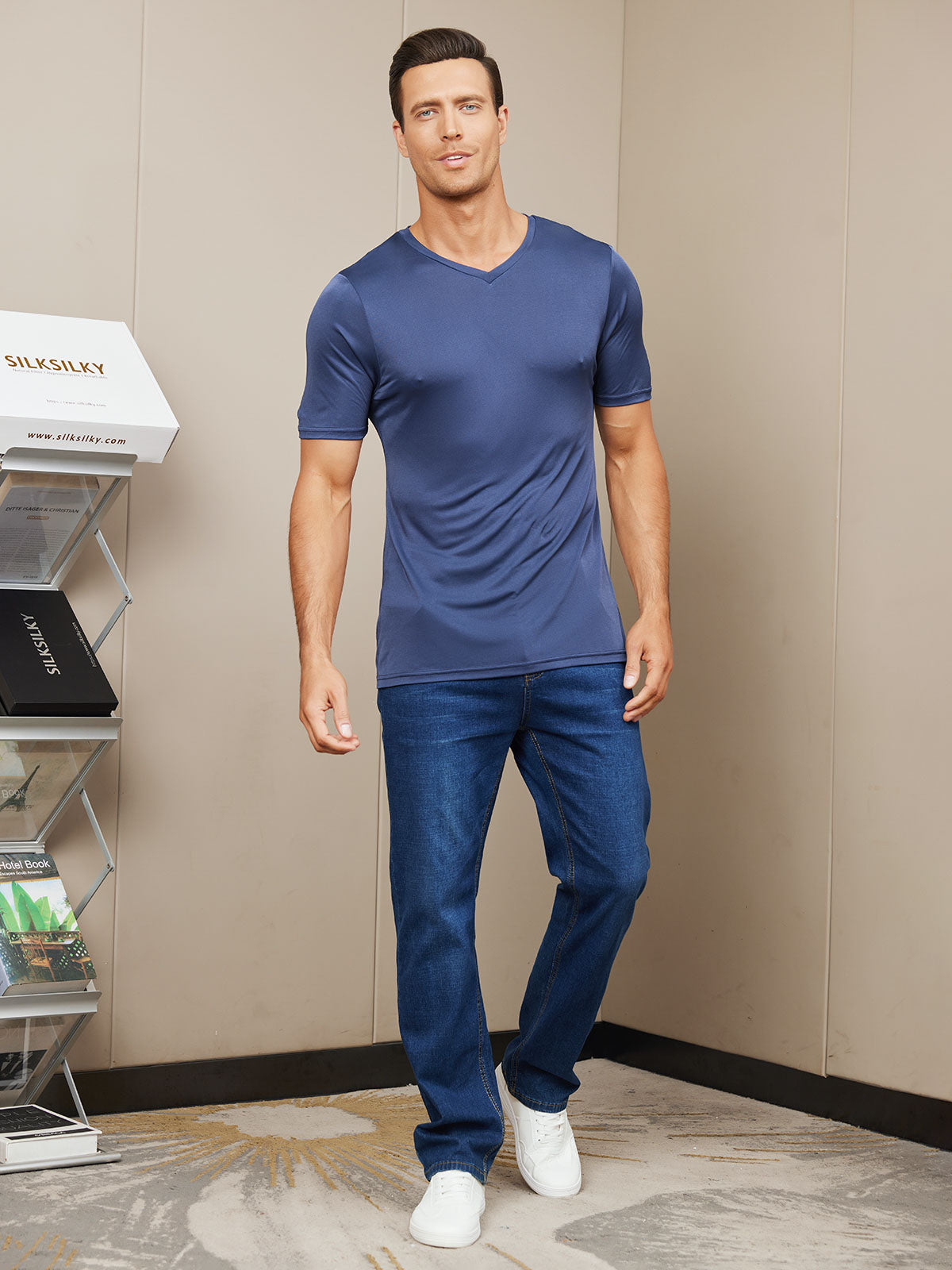 [Dark Blue] SilkSilky-AU Silk Knitted Short Sleeve V Neck Men's T-Shirt 005
