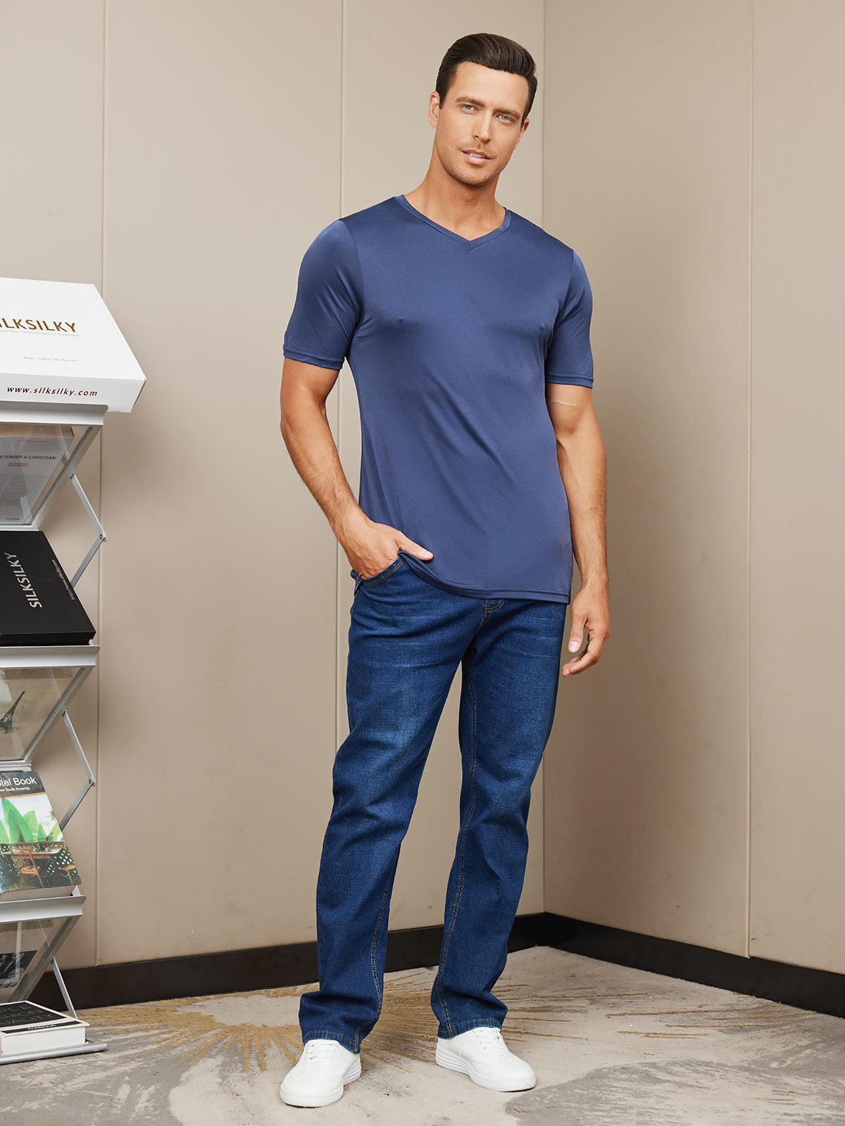 [Dark Blue] SilkSilky-AU Silk Knitted Short Sleeve V Neck Men's T-Shirt 006