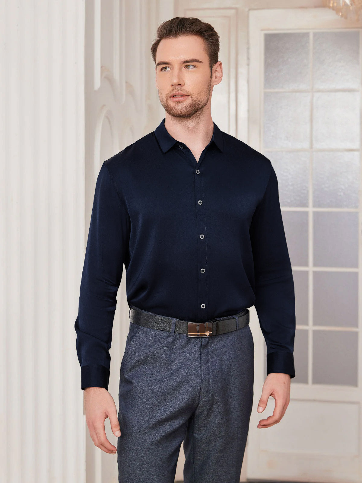 [Dark Blue] SilkSilky-AU Silk Long Sleeve Collar Men's Shirt 003