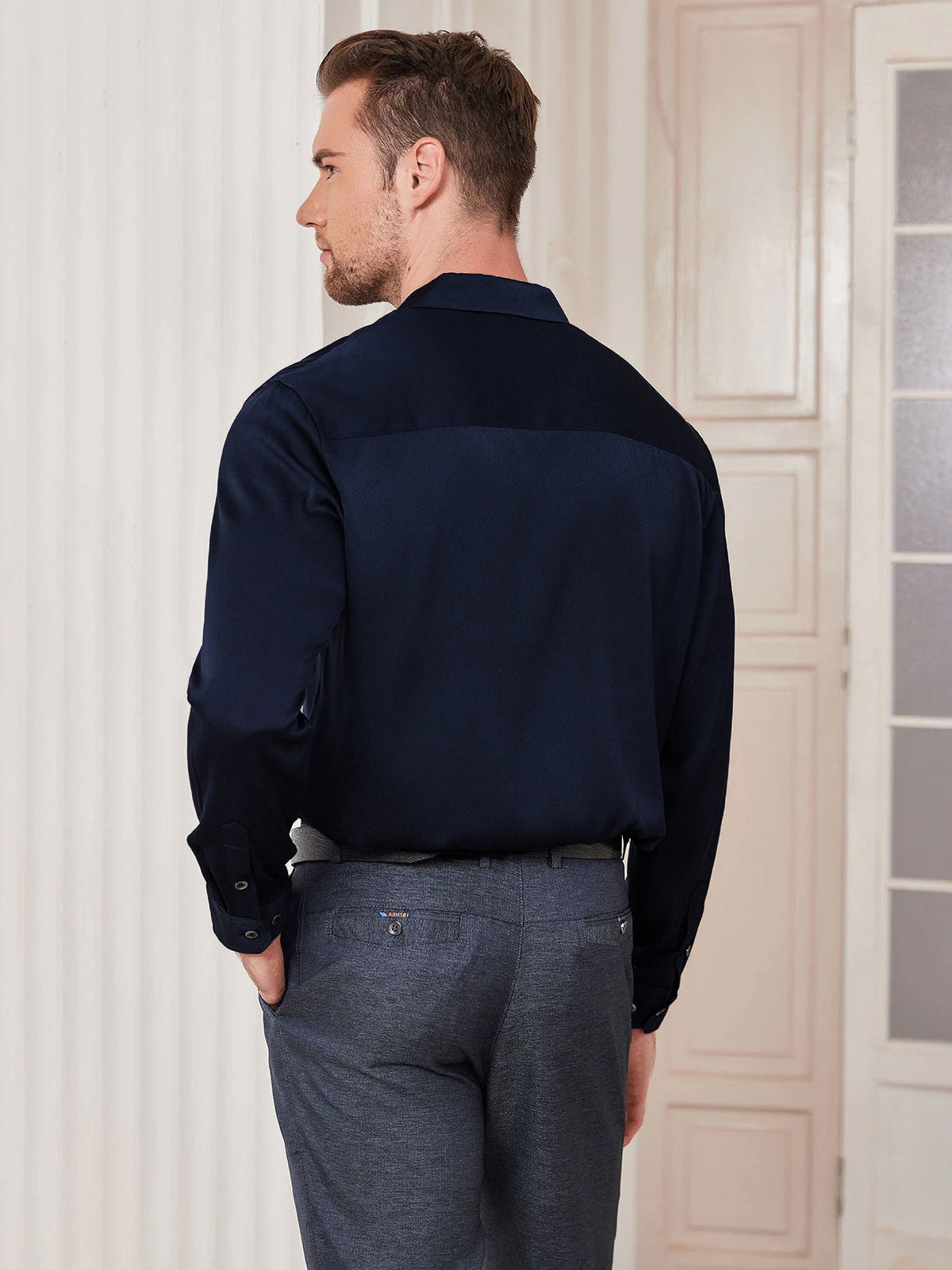 [Dark Blue] SilkSilky-AU Silk Long Sleeve Collar Men's Shirt 004