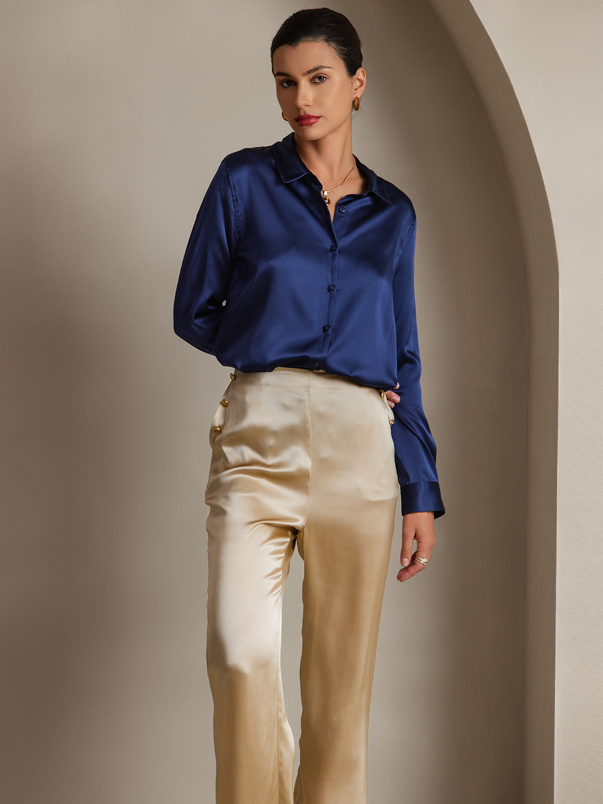 [Dark Blue] SilkSilky-AU Silk Long Sleeve Collar Women's Shirt 001