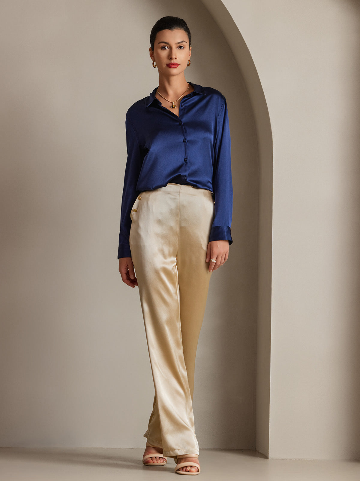 [Dark Blue] SilkSilky-AU Silk Long Sleeve Collar Women's Shirt 003