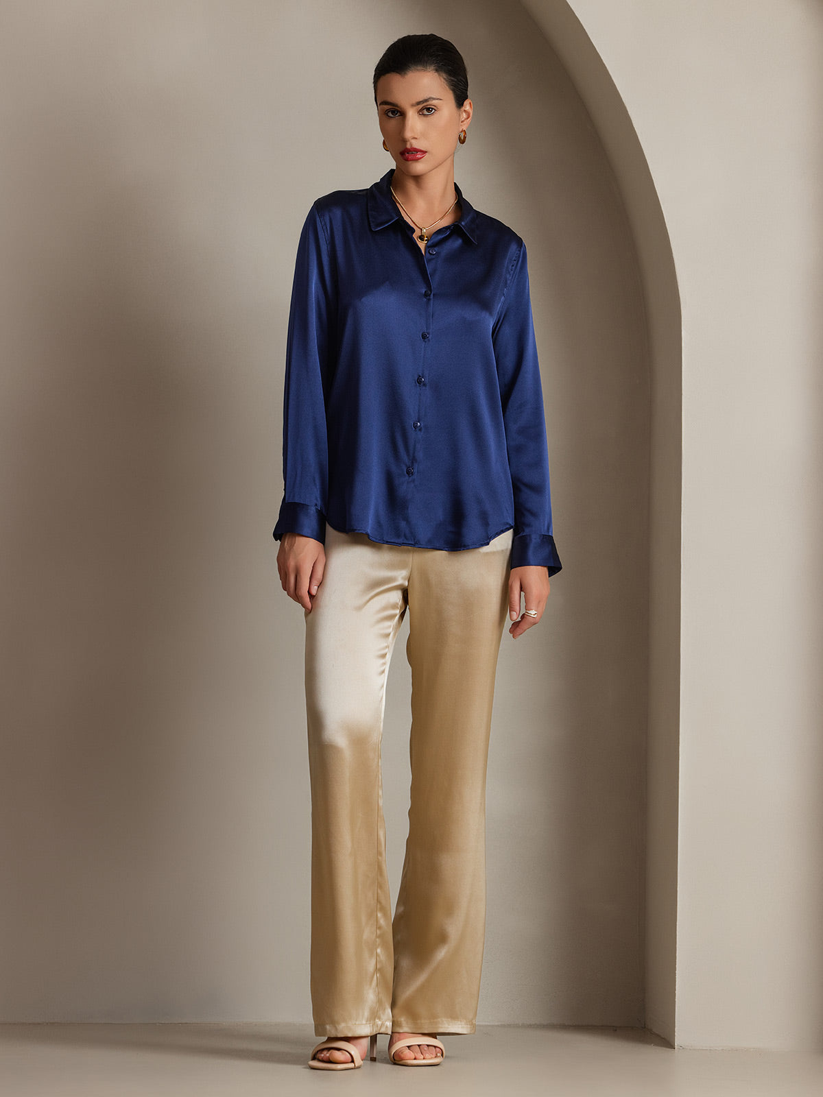 [Dark Blue] SilkSilky-AU Silk Long Sleeve Collar Women's Shirt 004