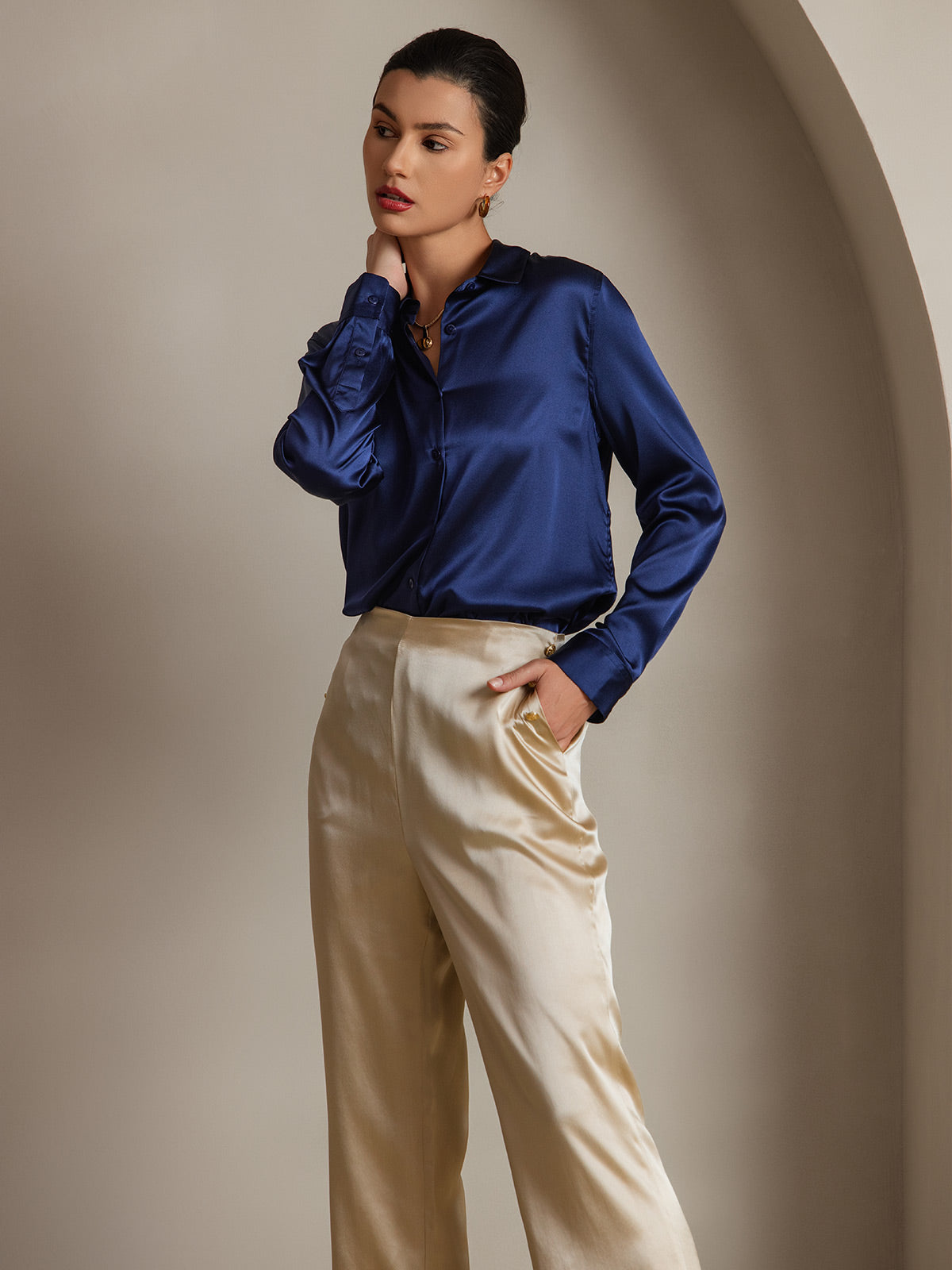 [Dark Blue] SilkSilky-AU Silk Long Sleeve Collar Women's Shirt 005