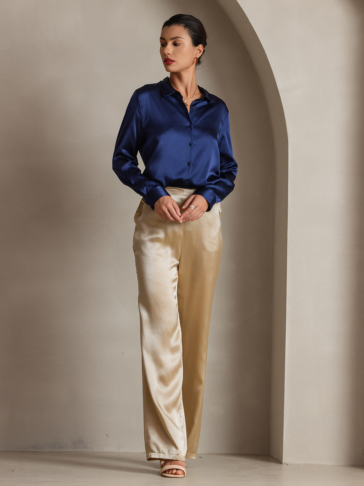 [Dark Blue] SilkSilky-AU Silk Long Sleeve Collar Women's Shirt 006