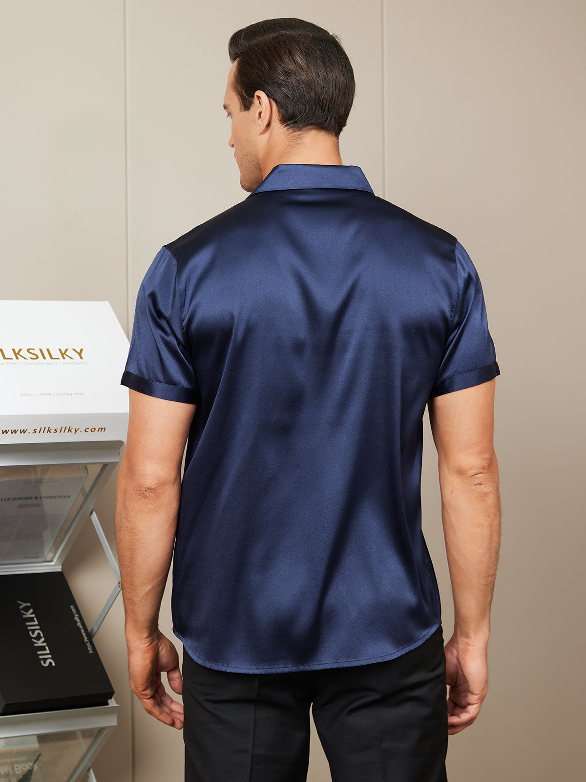 [Dark Blue] SilkSilky-AU Silk Short Sleeve Collar Men's Shirt 002