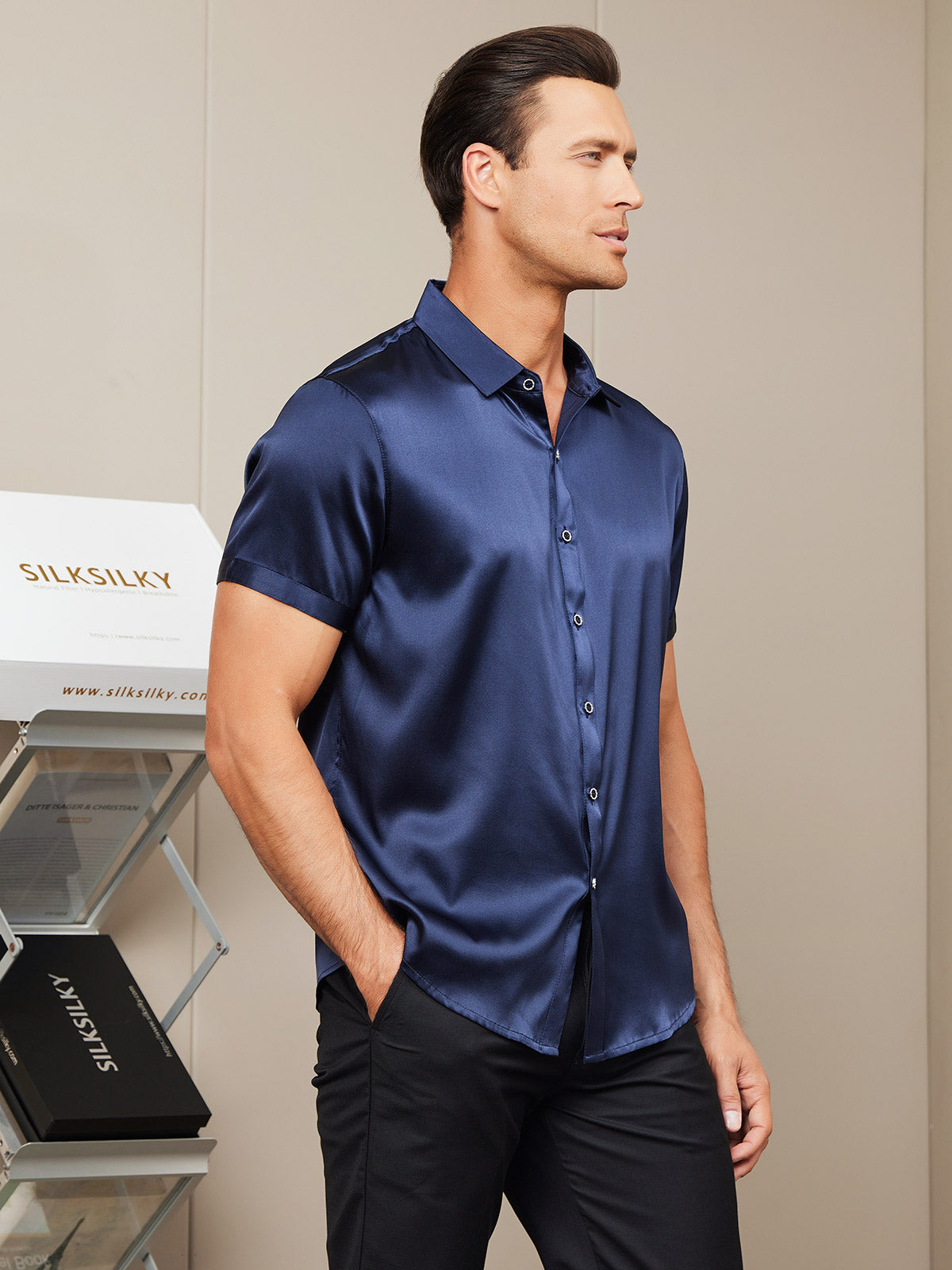 [Dark Blue] SilkSilky-AU Silk Short Sleeve Collar Men's Shirt 003