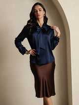 [Dark Blue] SilkSilky-AU 19Momme Stretch Silk Charmeuse Long Sleeve Tie Neck Blouse 001