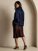 [Dark Blue] SilkSilky-AU 19Momme Stretch Silk Charmeuse Long Sleeve Tie Neck Blouse 002