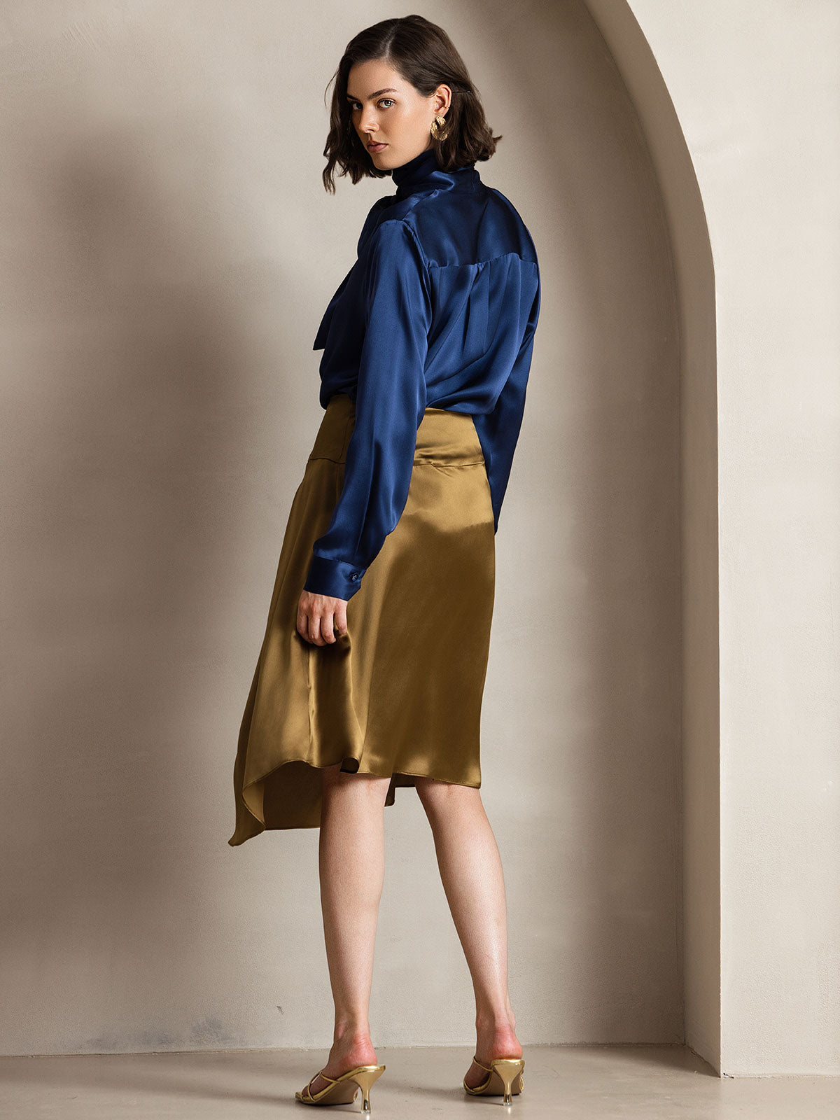 [Dark Blue] SilkSilky-AU 19Momme Silk Long Sleeve High Neck Blouse 004