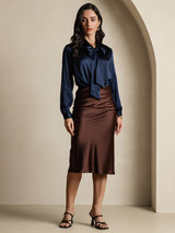 [Dark Blue] SilkSilky-AU 19Momme Stretch Silk Charmeuse Long Sleeve Tie Neck Blouse 007